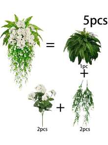 5件套 - 大型人造波士顿蕨搭配天竺葵、秋海棠、山茶花垂吊植物组合 - 高端抗紫外线材质，适合婚礼花园现代装饰 | 庭院装饰，免维护 - 完美适用于春季、情人节、圣帕特里克节、复活节、周年纪念日、室内/室外家居节日装饰、房间装饰、婚礼装饰 - 白色套裝 - 查看 10