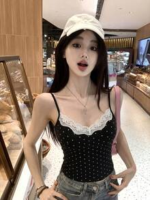 Áo hai dây ren chấm bi ngọt ngào và gợi cảm dành cho nữ mùa hè, kiểu dáng thường ngày/dự tiệc. - màu đen - Xem 2