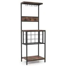 GOFLAME Industrial Freestanding Wine Rack, Tall Floor Wine Bar Cabinet With Glass Racks, Bottle Holders & Hooks, Rustic Brown Coffee Bar Cabinet With Storage For Home, Dining Room - Rust Brown - View 9