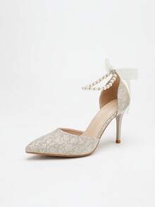 时尚婚鞋派对礼服珍珠链条蝴蝶结白色皮革尖头超高跟女鞋 - 銀色 - 查看 7