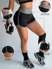 1pc Yoga Contrast Color Cropped Leggings, Casual 2/3 Length Pants Design Sports - Black - View 4