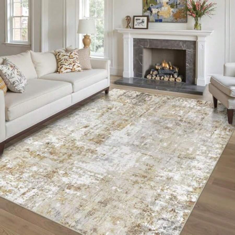 5x7 Rug for Living Room : Soft Abstract Washable Non-Slip Durable Rugs Neutral Modern Indoor Carpet for Bedroom Dining Room Home Office - Yellow Brown - Rectangular de 5 x 7 - Ver 1