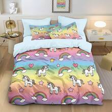 Juego de 3 piezas (1 Funda nórdica + 2 Fundas de almohada, sin relleno), Juego de ropa de cama con estampado de poni y arcoíris de dibujos animados coloridos, Suave y agradable para la piel, Apto para todas las estaciones. Disponible para cama doble extra grande, Cierre con cremallera, Lavable a máquina, Excelente decoración de dormitorio o regalo - Multicolor - Ver 3