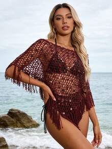 Women's Tassel Knit Ponchos Sparkly Sequin Loose Fit Hollow Out Handmade Crochet Shrug Shawl Casual Beach Wear - 紅色 - 查看 4