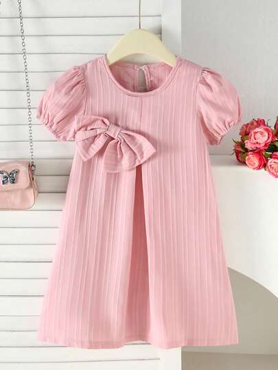 Girls' Pink Petal Sleeve Midi A-Line Dress, Adorned With Big Bow, Sweet & Cute, Summer