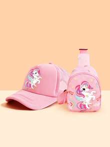 2pcs Set: Cartoon Rainbow Star Unicorn Baseball Cap + Chest Bag. Lightweight Breathable Trucker Hat For Sun Protection, Chest Bag With Adjustable Strap For Daily Storage Needs. Suitable For Daily Outings And Beach Vacations. - Pink - View 2