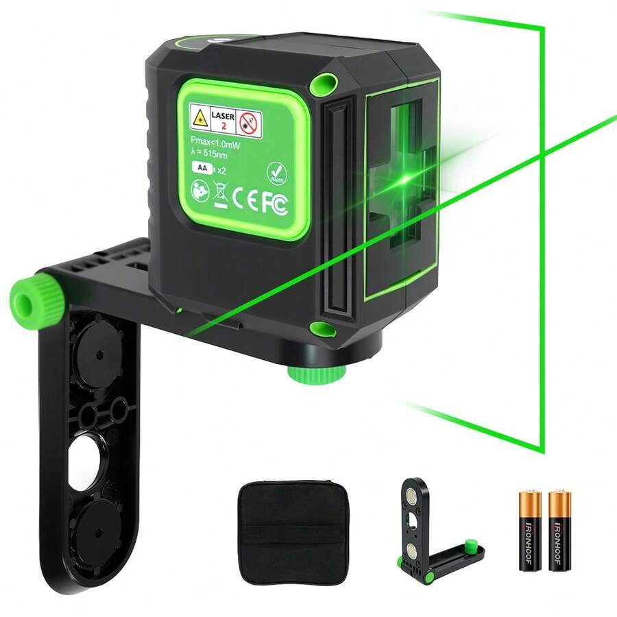 2-Line Green Laser Level With Adjustable Base, Automatic Leveling Tool For Home And Construction, Batteries Included - Black - View 1