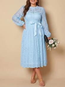 Whisplicity Plus Size Women's Spring/Summer New Elegant Vintage Lace A-Line Long Sleeve Waist Cinched Dress, Party Gown, Wedding Guest Dress - Blue - View 2