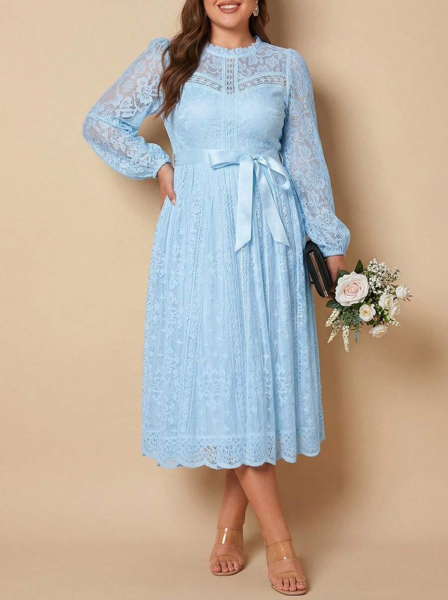 Whisplicity Plus Size Women's Spring/Summer New Elegant Vintage Lace A-Line Long Sleeve Waist Cinched Dress, Party Gown, Wedding Guest Dress