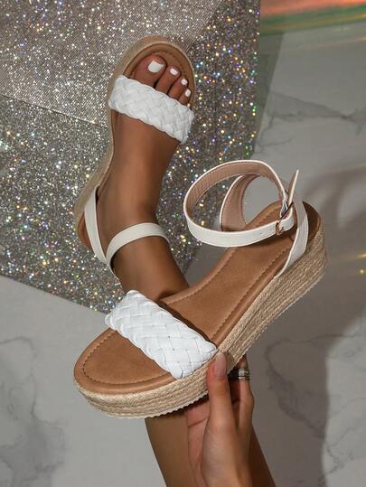 Giày sandal nữ màu trắng thời trang dệt từ dây gai dầu, đế dày, kiểu dáng thường ngày, phong cách bohemian, retro, đế bằng vải bố, quai ngang mắt cá chân, kiểu phương Tây, thích hợp cho các lễ hội âm nhạc, tiệc tùng, kỳ nghỉ xuân hè, lễ Phục sinh.