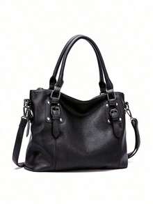 Simple Fashion Buckle Detail Shoulder Tote Bag Purse Set, Eye-Catching Work Bags For Women - Black - View 4