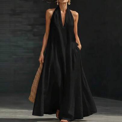 2026 Womens Halter Neck Maxi Dress Backless Sleeveless Casual Loose Fit Flowy Sundress For Summer Beach Vacation