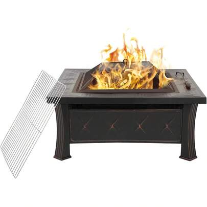 Fire Bowl With Grill Grate And Spark Screen, 3-In-1 Outdoor Square Fire Pit With Cover, Fire Basket For Patio Heating, Fire Bowls For The Garden, BBQ, Camping, 81x81x51cm
