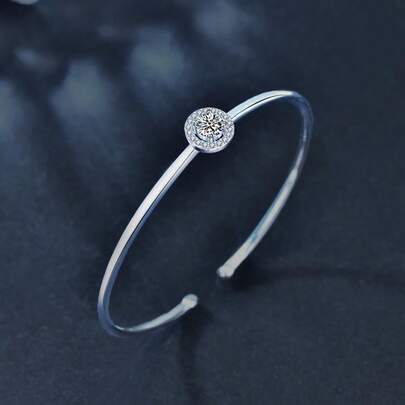 Brazalete de plata S925 con moissanita, diseño de pavé de moissanita redonda, minimalista y de lujo, adecuado para uso diario y como regalo del Día de San Valentín