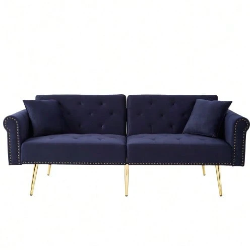 Modern 2-Seater Sofa Bed – Velvet Upholstery, 3-Position Adjustable Backrest & Gold-Plated Metal Feet. Stylish Sofa With Sleeping Function – Space-Saving, Durable, Ideal For Small Rooms. - 藍色 - 查看 1