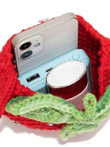 1pc Ladies Hand Crochet Crochet Crochet Bag Change DIY Mobile Phone Bag Diagonal Flower Mobile Phone Bag - Red - View 3