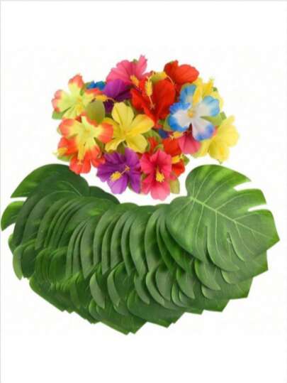 热带棕榈叶芙蓉仿真植物，龟背竹叶造型，适用于夏威夷草裙舞派对、丛林婚礼、夏季派对餐桌装饰（花朵颜色随机），情人节、生日礼物、毕业礼物。