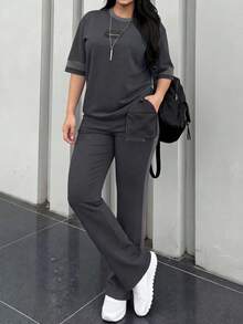 女士春秋季圆领短袖T恤和松紧腰宽松长裤两件套，休闲日常夏季穿着 - 深灰色23 - 查看 8