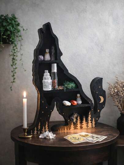 1 stuk zwarte houten kristallen displaystandaard in de vorm van een wolf, decoratie voor een heidens altaar, kristallenhouder, heidense woondecoratie, boho gotische wanddecoratie, spirituele hekserijdecoratie, plank met maan- en bosthema, gotische slaapkamer- en woonkamerdecoratie, hekserijcadeau voor kristallenliefhebbers, mysterieuze tarotkaarthouder, plankje voor essentiële oliën en kleine snuisterijen, decoratieve standaard voor dierenbeeldjes