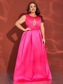Plus Size Women's Round Neck Hollow Mesh Splice Sleeveless Charming Magenta Backless V-Neck Maxi Party Formal Dress - Hot Pink - View 3