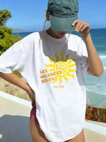 Les Vacances Soleil 1992 女士阳光图案休闲宽松圆领白色短袖T恤，夏季沙滩度假上衣 - 白色 - 查看 4