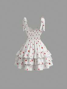 Robe mini d'été élégante et mignonne pour femmes avec motif de fraise, robe patineuse avec nœud papillon sans manches - Multicolore - Voir 2