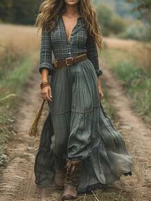 Women's Boho Elegant Deep V Neck Plaid Long Sleeve Button Maxi Dress With Flared Hem, Perfect For Fall Women Clothes - Grey - View 3