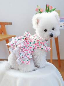 PETCIRCLE 宠物连衣裙，猫狗服装，小型犬、幼犬、博美犬、泰迪犬等室内外皆宜的休闲可爱网纱裙系列，小玫瑰碎花连衣裙 - 彩色 - 查看 2