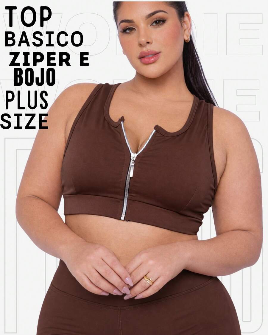 WOLFOC Women's Plus Size Cropped Fitness Top With Zipper And Removable Pads In Suplex Polyester - Rust Brown - View 1