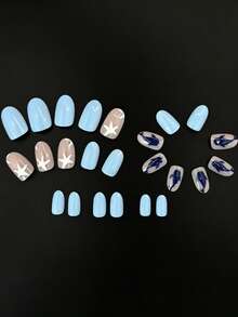 24 piezas Pegatinas de uñas con ballenas y estrellas de mar de color azul claro, uñas postizas de estilo oval de verano con tema oceánico, con base azul claro y nude, y patrón simple de ballenas y estrellas de mar en relieve, pegatinas de uñas, uñas postizas, uñas de verano, efecto brillante, adecuadas para que las señoras las usen en la playa de verano, el viaje diario, las fiestas, el trabajo y otras ocasiones! - Celeste - Ver 3