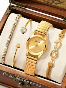 [Juego de 4 piezas] Reloj de cuarzo con tono dorado para mujer con pulsera de acero, emparejado con un conjunto de pulseras con diseños de corazón, cristal y símbolo del infinito. Clásico y elegante, este es un regalo refinado para el día a día para una mejor amiga, novia o madre. No incluye caja de regalo. - Dorado - Ver 9