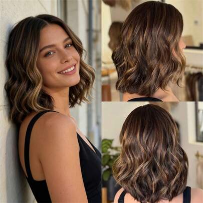 Ombre Deep Caramel Brown Synthetic High Definition Lace Front Wig, High Quality Short Wavy Natural Density Wig For Cosplay, Daily Wear, Party, Golden Brown Wig