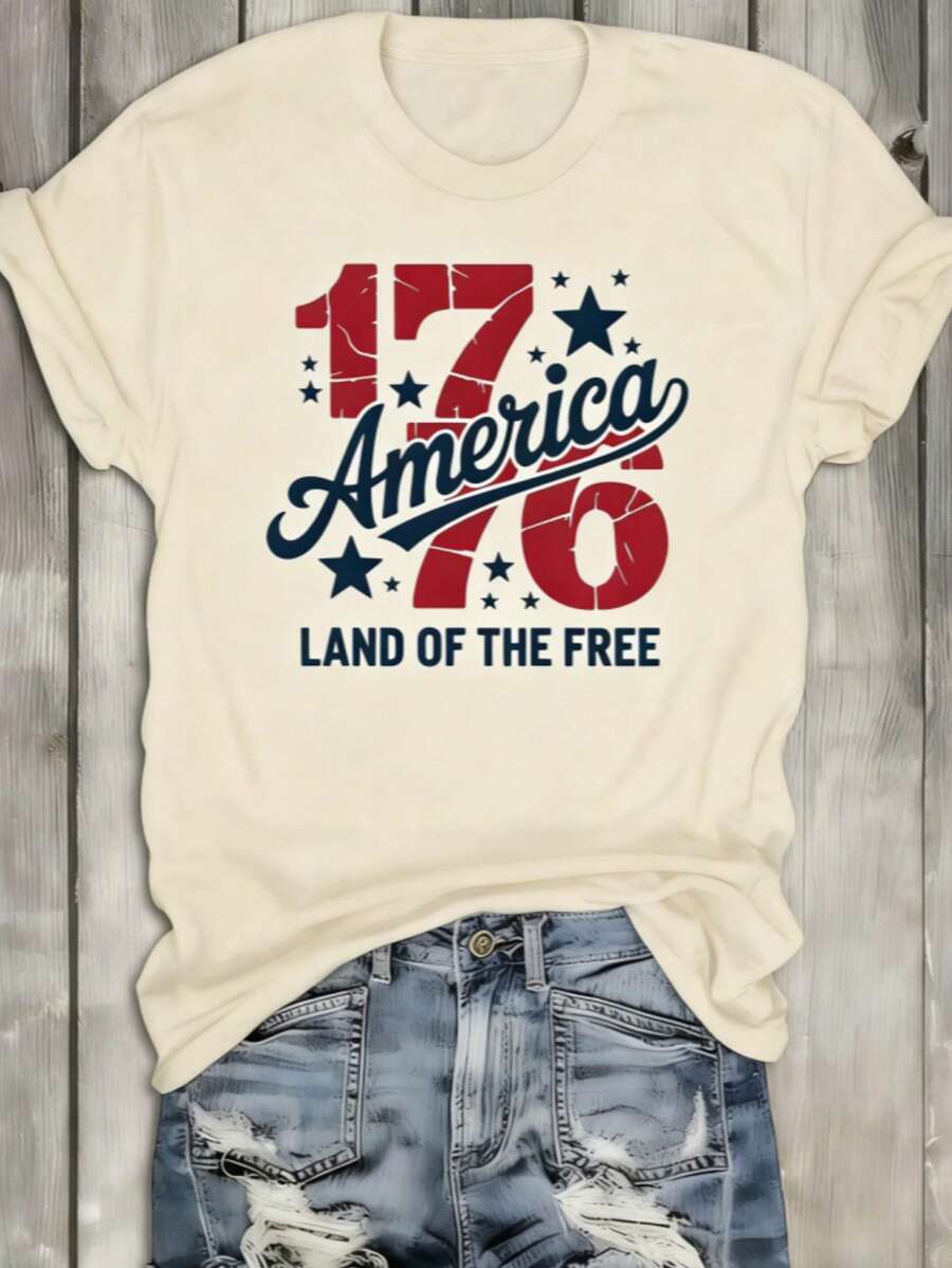 1 Piece Of 1776 American Freedom T-Shirt, Round Neck White Shirt, Women's "America 1776" T-Shirt – Vintage Distressed 1776 & Star Graphic Crew Neck Te - 杏色 - 查看 1