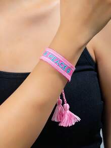 1pc Fashionable Embroidered Letter Handmade Woven Bracelet, Gift For Friends - Pink - View 5