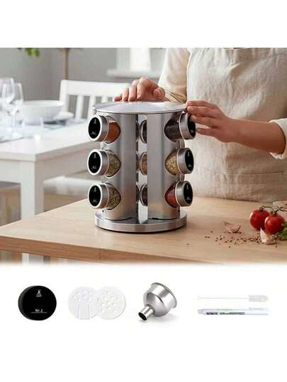 SAEIV Spice Carousel With 12 Spice Jars, 360° Rotating Spice Rack, Spice Turntable Storage Unit, Spice Organizer, Stainless Steel Construction, Silver Finish