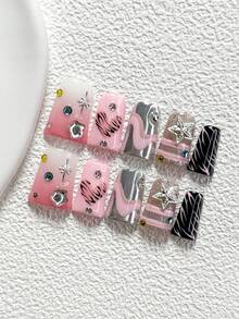10Pcs Y2K Style Handmade Nail Art Set,Unghie Press On,Star Cut Rhinestones,Stars, Starbursts Nail Art Accessories,Pink And Black Nail Polish,Includes Nail Tools,3 Sizes Available,Almond Nails , Duck Nails,Coffin Nails For Party, Dance, Daily Wear. - 彩色 - 查看 14