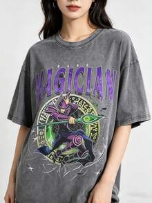 Vintage Washed Magician T-Shirt | Fantasy Graphic Tee | 100% Cotton Oversized Streetwear - Gray 05 - View 2