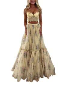 Two-Piece Women's French Retro Floral Print Camisole And Long Skirt Set For Vacation And Everyday Wear. - 黃色 - 查看 5