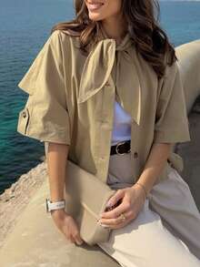 Women's Oversized Short Single-Breasted 3/4 Sleeve Cape Style Zip-Up Casual Windbreaker Jacket Spring - Khaki - View 7