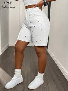 Women's Casual Rhinestone Button Fly Denim Shorts, Versatile For Daily Wear White Summer - White - View 6