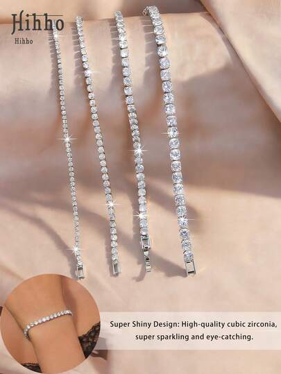 Hihho Multi-Size Tennis Bracelet, Silver Color Fully Paved Cubic Zirconia, Elegant Minimalist Style, Versatile Beach Fashion Accessory