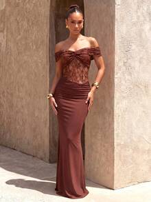 Off-Shoulder Short Sleeve Waist-Cinching Lace Knit Cocktail Dress - Brown - View 2