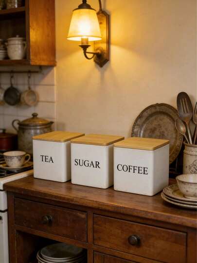 3pcs Nordic Style Kitchen Airtight Canisters Set, Coffee/Tea/Sugar Storage Jars With Bamboo Lids, Black & White Containers For Coffee Beans, Sugar And Tea Leaves, Daily Kitchen Supplies, Moisture-Proof