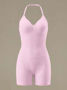 UONNOU Bộ đồ tập yoga nữ mùa xuân/hè gồm hai dây, cổ chữ V, xếp ly, cạp cao, nâng đỡ định hình vóc dáng, phù hợp cho tập thể dục, yoga, chạy bộ, mặc thường ngày và thời trang. - Hồng - Xem 3
