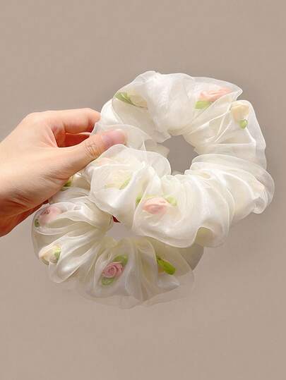 2pcs Women's Mesh Flower Large Hair Scrunchies Sweet And High-End Hair Ties For Girls Ponytail Hair Accessories