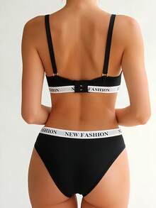 1 Set Women's Sexy Skin-Friendly Cleavage-Enhancing Black Letter Patchwork Lingerie, French Romantic Casual Versatile Mature Charm Bra For Small Bust, Lift And Support Underwire Bra - Black - View 3