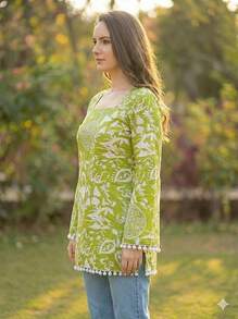 Estationeryhouse Cotton Printed Kurta Top, Long Sleeves, With White Tassels And Drawstring For Adjusting At Back - Green - View 4