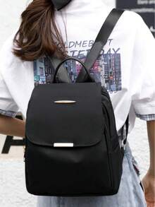 Mochila de gran capacidad para mujer, bolso de mano de estilo clásico de unicolor, mochila para estudiantes - Negro - Ver 8