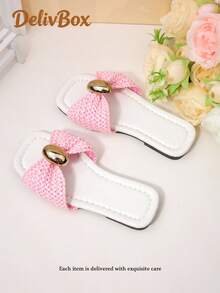 1 Pair Girls' White Woven Metal Buckle Slide Sandals, Sweet Princess Style For Summer - Pink - View 7