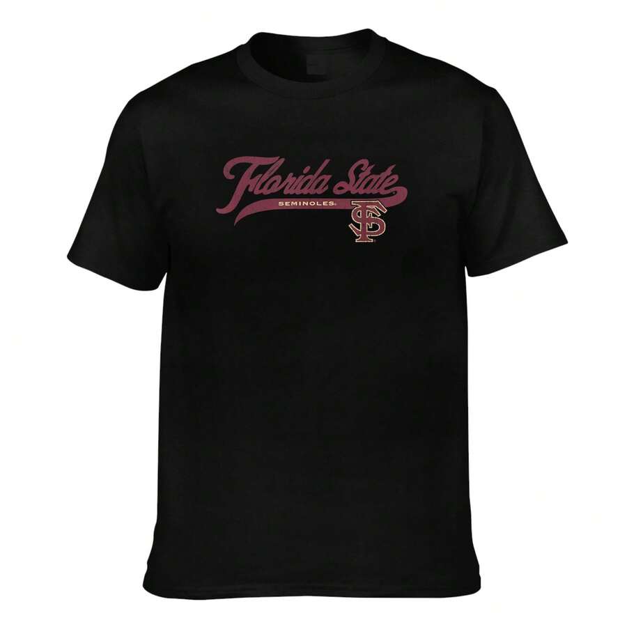 Plus Size Casual Short Sleeve T Shirt With Round Neck And Florida State Seminoles Simulated Print For Everyday Wear - Black - View 1